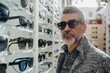 a 45-year-old man chooses sunglasses in an optical store