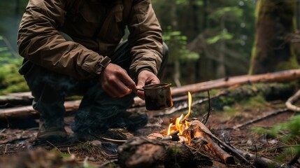 Sticker - AI generated illustration of a man in brown warms hands over fire in a forest