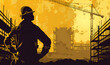 Silhouette of happy construction worker in helmets, flat vector.
