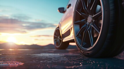 Wall Mural - Car on sky background Car wheels close up on a background of asphalt Car tires Car wheel closeup for advertising : Generative AI