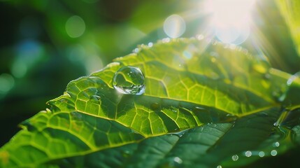 Poster - Beauty transparent drop of water on a green leaf macro with sun glare Beautiful artistic image of environment nature in spring or summer : Generative AI