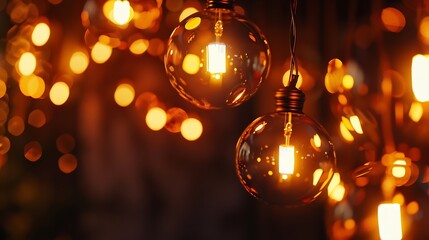 Poster - Classic sphere lighting bulbs are glowing in orange warming shade there are hanging from ceiling in dark environment Interior cozy style decoration Closeup and selective focus : Generative AI