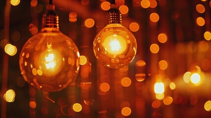 Poster - Classic sphere lighting bulbs are glowing in orange warming shade there are hanging from ceiling in dark environment Interior cozy style decoration Closeup and selective focus : Generative AI