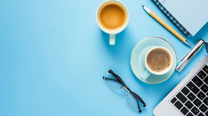 Fototapete - Minimal work space  Creative flat lay photo of workspace desk Top view office desk with laptop notebooks and coffee cup on blue color background Top view with copy space flat lay photo : Generative AI