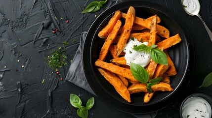 Wall Mural - Sweet potato sticks in a black bowl served with white sauce, top view. Vegetarian food and healthy eating concept.