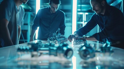 Aufkleber - Engineer Scientists and Developers Gathered Around Illuminated Conference Table in Technology Research Center Talking Finding Solution and Analysing Industrial Engine Design Closeup Ha : Generative AI
