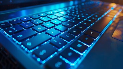 Fototapete - Keyboard Laptop with Blue Backlight : Generative AI