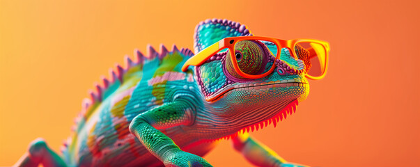 Wall Mural - A green chameleon wearing sunglasses and standing on a orange background. The sunglasses give the lizard a fun vibe. 3d rendered image of a chameleon wearing sunglasses. playful installations