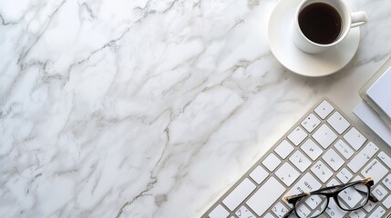 Aufkleber - Home office desk table with keyboard coffee cup eyeglasses paper notebooks on marble background Flat lay top view : Generative AI