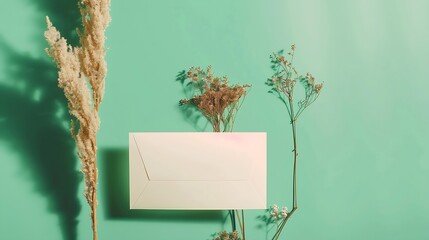 Aufkleber - White blank card craft envelope and dry flowers plant on green background Top view Flat lay Mockup Copy space : Generative AI