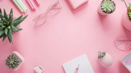 Poster - Top view flat lay of workspace desk styled design office supplies and cactuses succulents with copy space millennial pink color paper background minimal style Template for feminine blo : Generative AI