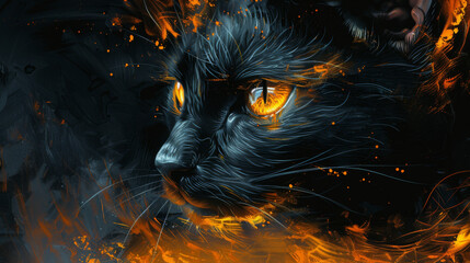 Wall Mural - In an abstract illustration, a black cat is depicted amidst swirling waves of fire, its form blurred by the heat and intensity of the flames.