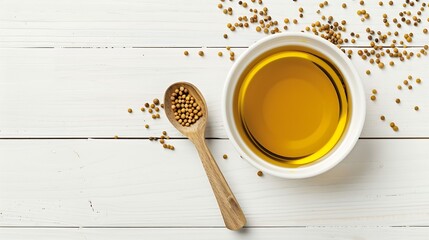 Wall Mural - Bowl of natural oil and scoop with mustard seeds on white wooden table flat lay : Generative AI