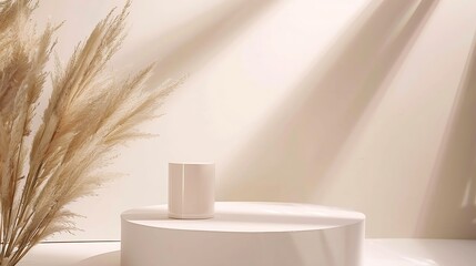 Aufkleber - Podium for cosmetic product presentation Abstract minimal geometrical form Cylinder podium with dry pampas grass soft shadow Scene to show products Showcase display case Flat lay top v : Generative AI