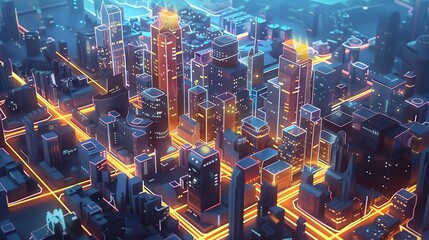 Wall Mural - Futuristic urban landscape: eco-friendly smart city with advanced 3D rendered infrastructure and connectivity