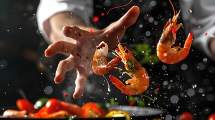 Sticker - Dynamic Chef Tosses Shrimp with Vegetables in a Flurry of Motion, Culinary Art Captured, Perfect for Cooking and Food Magazines. AI