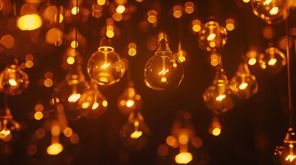 Poster - ceiling lighting bulbs are glowing in orange warming shade in dark environment Interior cozy style decoration Closeup and selective focus : Generative AI