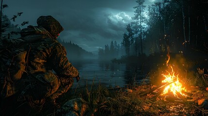 Wall Mural - Soldier kneels by fire in a dark landscape, AI-generated.