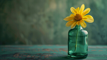 sunflower in a glass green bottle, growth concept isolated background