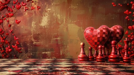 Wall Mural - A Valentine s Day card concept showcasing a chessboard adorned with red checkers shaped like a heart set against a charming Valentine s Day backdrop