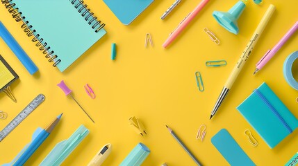 Poster - Banner Back to school flat lay stationery Various stationery items on a yellow background Paperclips Clips for paper Brushes : Generative AI