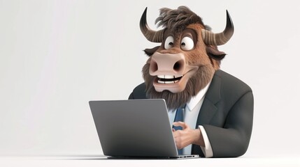 Wall Mural - A cartoon bull is sitting at a laptop computer