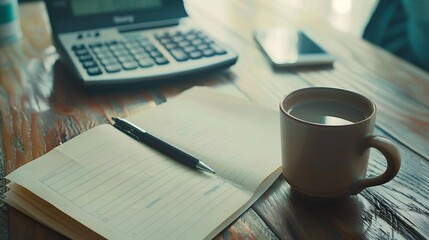 Poster - folders  blank open notepad and coffee on the background of a wooden table and a calculator Workplace for creative work of home designer Flat lay business finance or education : Generative AI