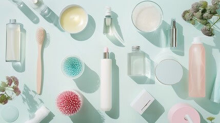 Wall Mural - Cosmetic SPA and personal hygiene mock up template for branding identity design View from above Flat lay : Generative AI