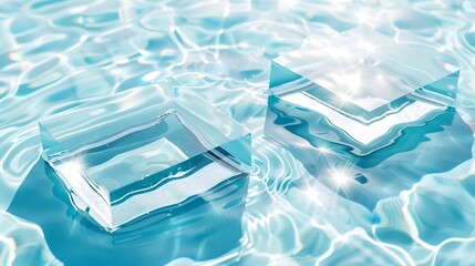 Aufkleber - Two empty clear glass square podiums on blue transparent calm water texture with waves in sunlight Abstract nature background for product presentation Flat lay cosmetic mockup copy spa : Generative AI