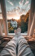 Legs on Couch in First-Person Perspective with Outdoor View - Staycation, Travel Imagery, Cozy Living.