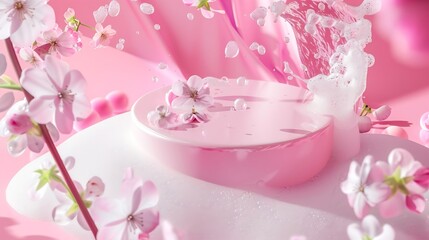 Aufkleber - Texture with splashes foam and bubbles with pink podium and flowers Trendy abstract spring summer nature background Flat lay cosmetic mockup : Generative AI
