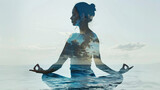 Fototapeta Las - Double exposure of woman meditating in lotus pose and sea landscape.