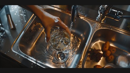 Aufkleber - Womans hand holding a glass pours water from a faucet in the kitchen Top view flat lay : Generative AI