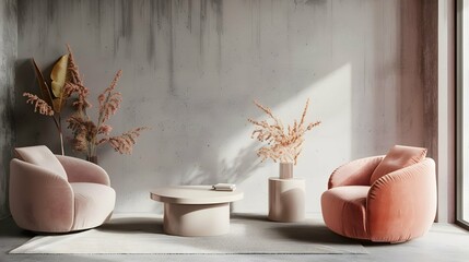 Wall Mural - Peach fuzz trend color year 2024 in the luxury livingroom. Painted mockup gray wall for art, peach apricot beige pastel chair color. Modern room design interior home. Accent premium lounge. 3d render