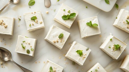 Wall Mural - Pieces of tasty vegan tofu cheesecake and spoons on white table flat lay : Generative AI