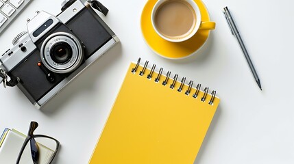 Aufkleber - workspace with notebook keyboard photo camera open notebook sketchbook and coffee on white background Flat lay top view office table desk : Generative AI