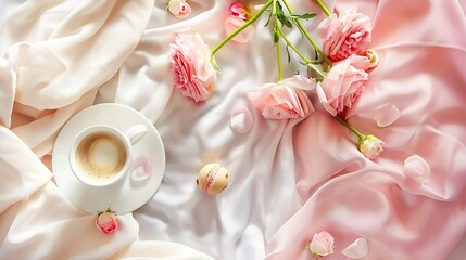 Wall Mural - Breakfast in bed pastel flat lay composition with flowers a cup o coffee and sweets Concept womans or mothers day top view : Generative AI