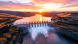 Sunset over serene dam landscape, tranquil water and warm skies. Perfect for travel, energy, and nature themes. AI