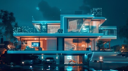 Poster - Futuristic smart home with advanced IoT technology integration and interconnected appliances for modern living