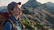 Close up face young confident woman hiker standing on the slope of mountain ridge against mountains looking away enjoying the epic view : Generative AI
