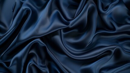 Poster - Dark blue silk satin Soft folds Fabric Navy blue luxury background Space for designWavy linesBanner WideLong Flat lay top view table Beautiful Elegant Birthday Christmas Valentines Day : Generative AI