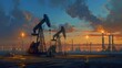 Industrial twilight landscape with oil derricks. Energy production, fossil fuels, and environmental challenge. Evening sky over the oil field. AI