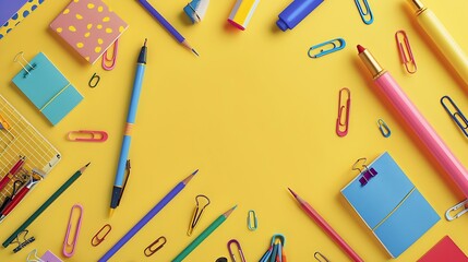 Poster - Banner Back to school flat lay stationery Various stationery items on a yellow background Paperclips Clips for paper Brushes : Generative AI