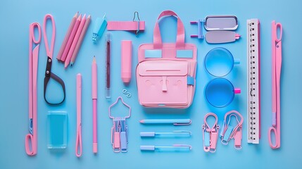 Poster - school supplies pink and blue colors flat lay composition : Generative AI