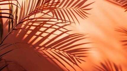 Aufkleber - Red and orange color background with tropical palm shadow Two trend pastel paper and exotic plant shade layout Minimal summer flat lay with leaf silhouette overlay : Generative AI