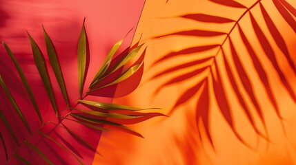 Aufkleber - Red and orange color background with tropical palm shadow Two trend pastel paper and exotic plant shade layout Minimal summer flat lay with leaf silhouette overlay : Generative AI