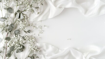 Poster - Styled stock photo Feminine wedding desktop mockup with babys breath Gypsophila flowers dry green eucalyptus leaves satin ribbon and white background Empty space Top view Picture for b : Generative AI