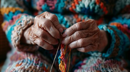 Close up of old mature woman hands working with crochet and sewing thread Elderly indoor home leisure activity concept lifestyle Unrecognizable senior female people in hobby active lif : Generative AI