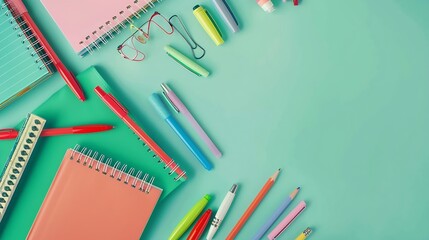 Poster - Back to school background Flat lay top view of school accessories notebook pens on isolated light green table background School stationery on desk Copyspace : Generative AI