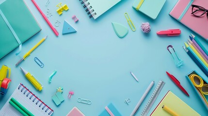 Poster - Back to school background Flat lay top view of colorful scattered stationery on isolated pastel blue table background School supplies on desk Copyspace : Generative AI